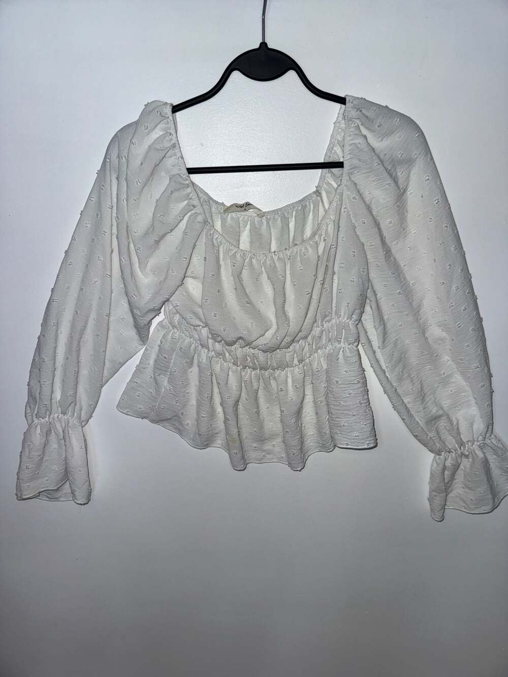 Wild Love Women's White Swiss Dot Square Neck Long Sleeve Peplum Blouse